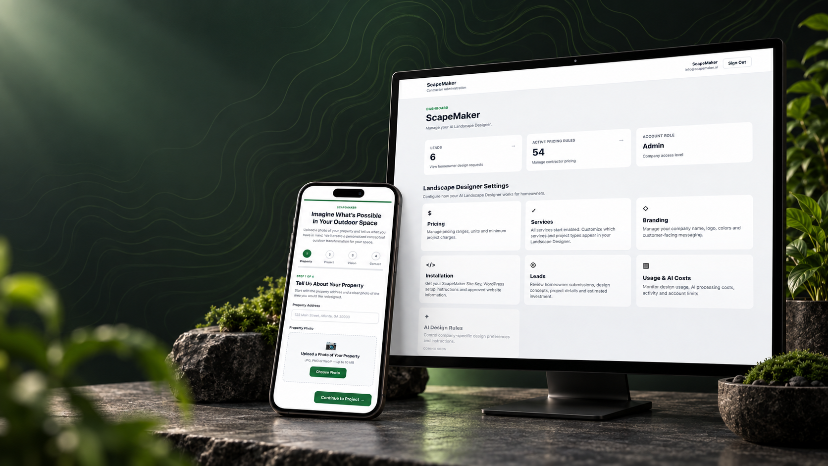 ScapeMaker contractor dashboard and homeowner AI landscape designer displayed on desktop and mobile devices